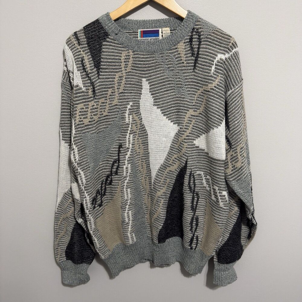 Vintage Coogi Style Sweater Mens L Geometric 3D Knit Crewneck Pullover Acrylic